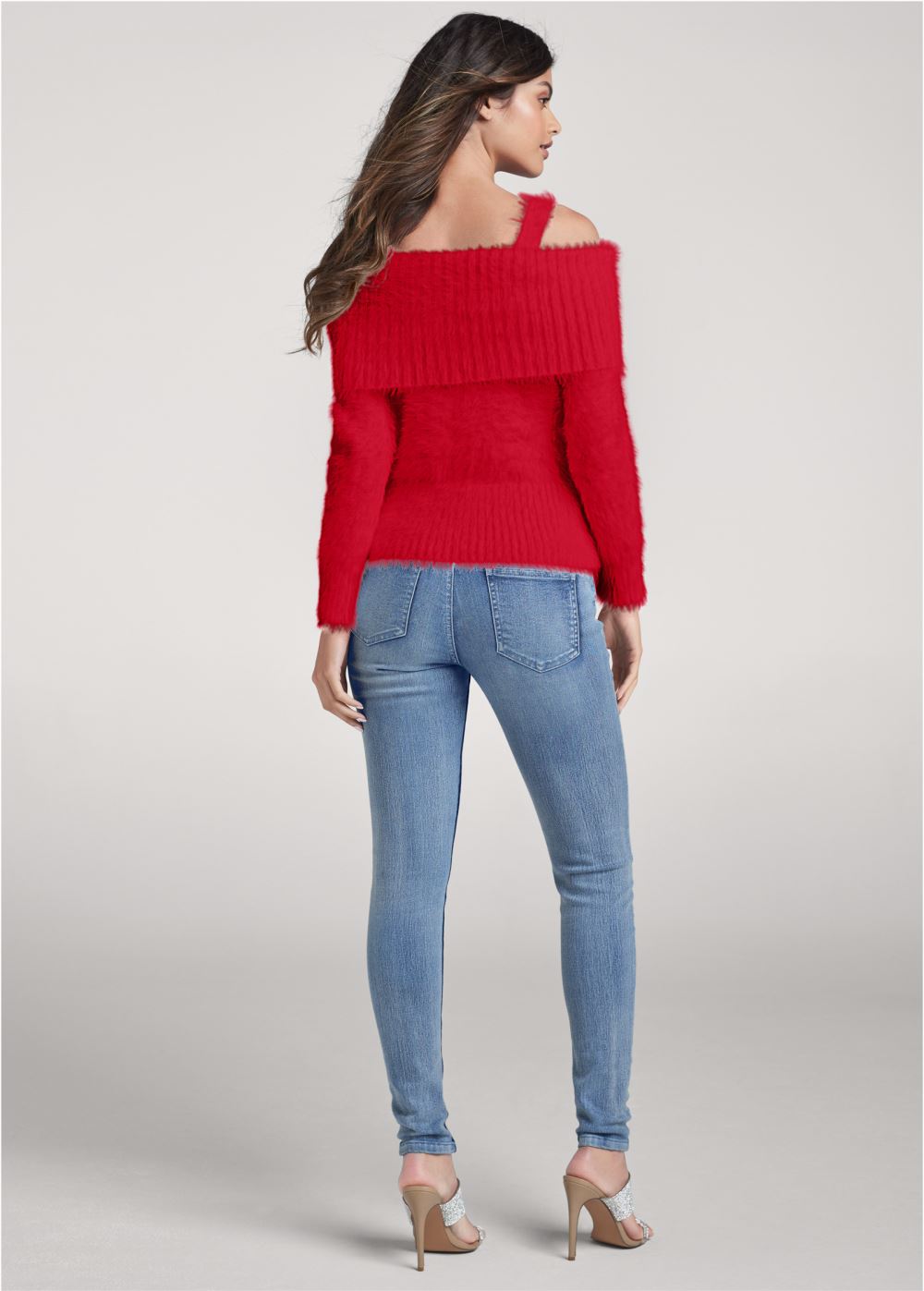 Venus Plus Size Chain Detail Cold-Shoulder Sweater in Red