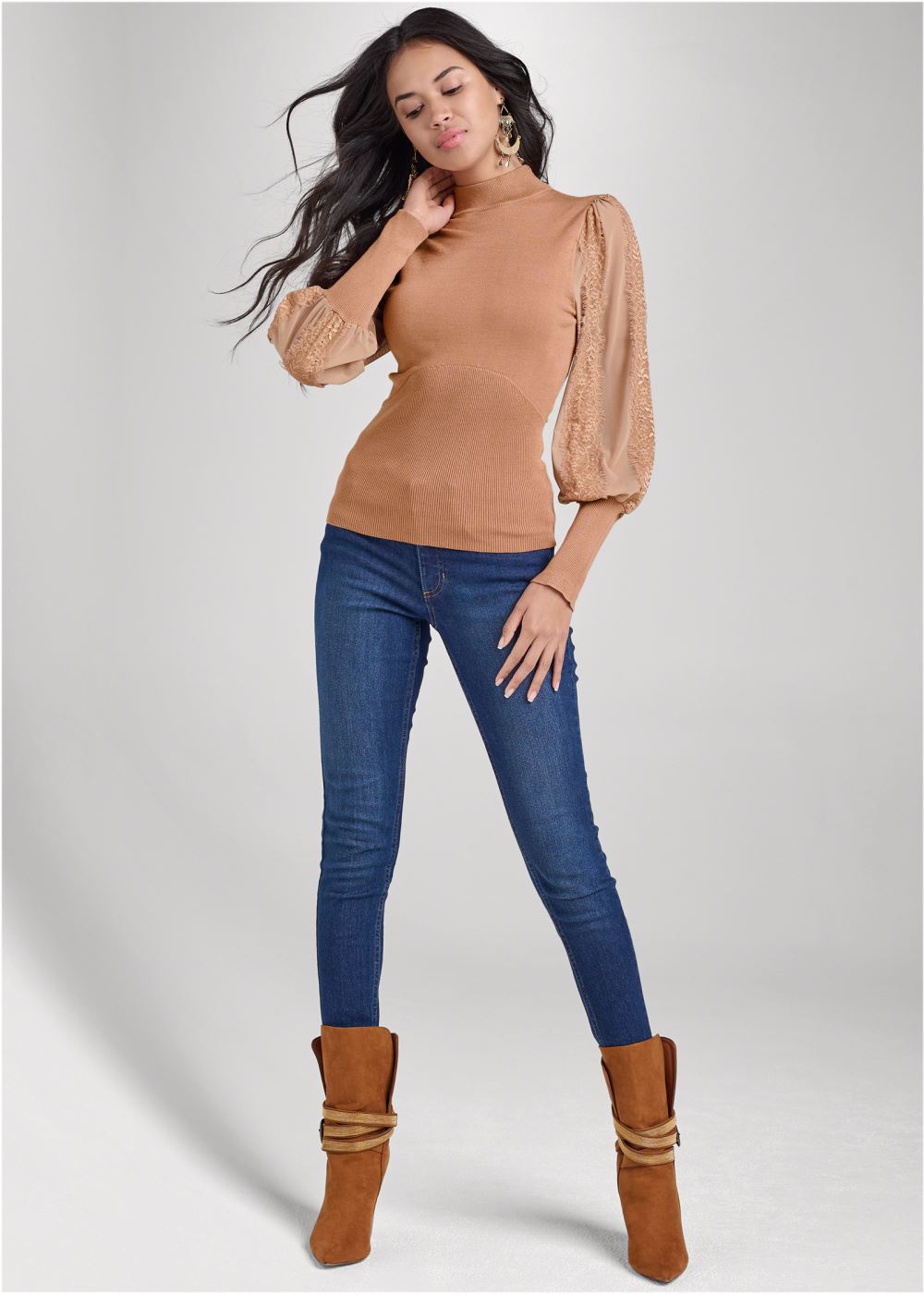 Venus Plus Size Lace Balloon Sleeve Sweater in Tan