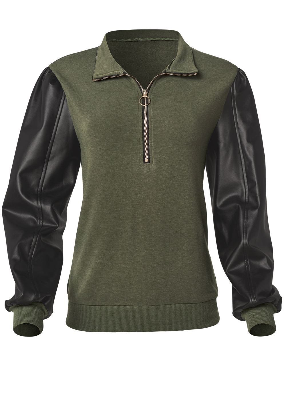 Venus Plus Size Faux-Leather Zip Sweatshirt in Olive & Black