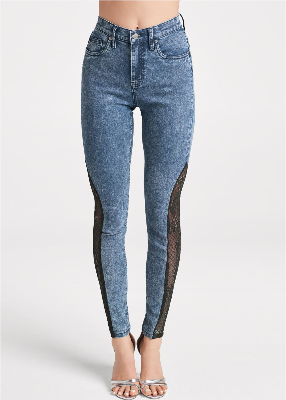 Venus Plus Size Lace Inset Skinny Jeans in Dark Wash