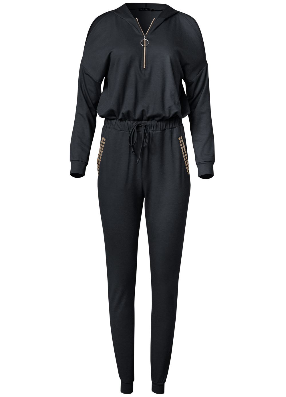 Venus Plus Size Gold Stud Hooded Jumpsuit in Black