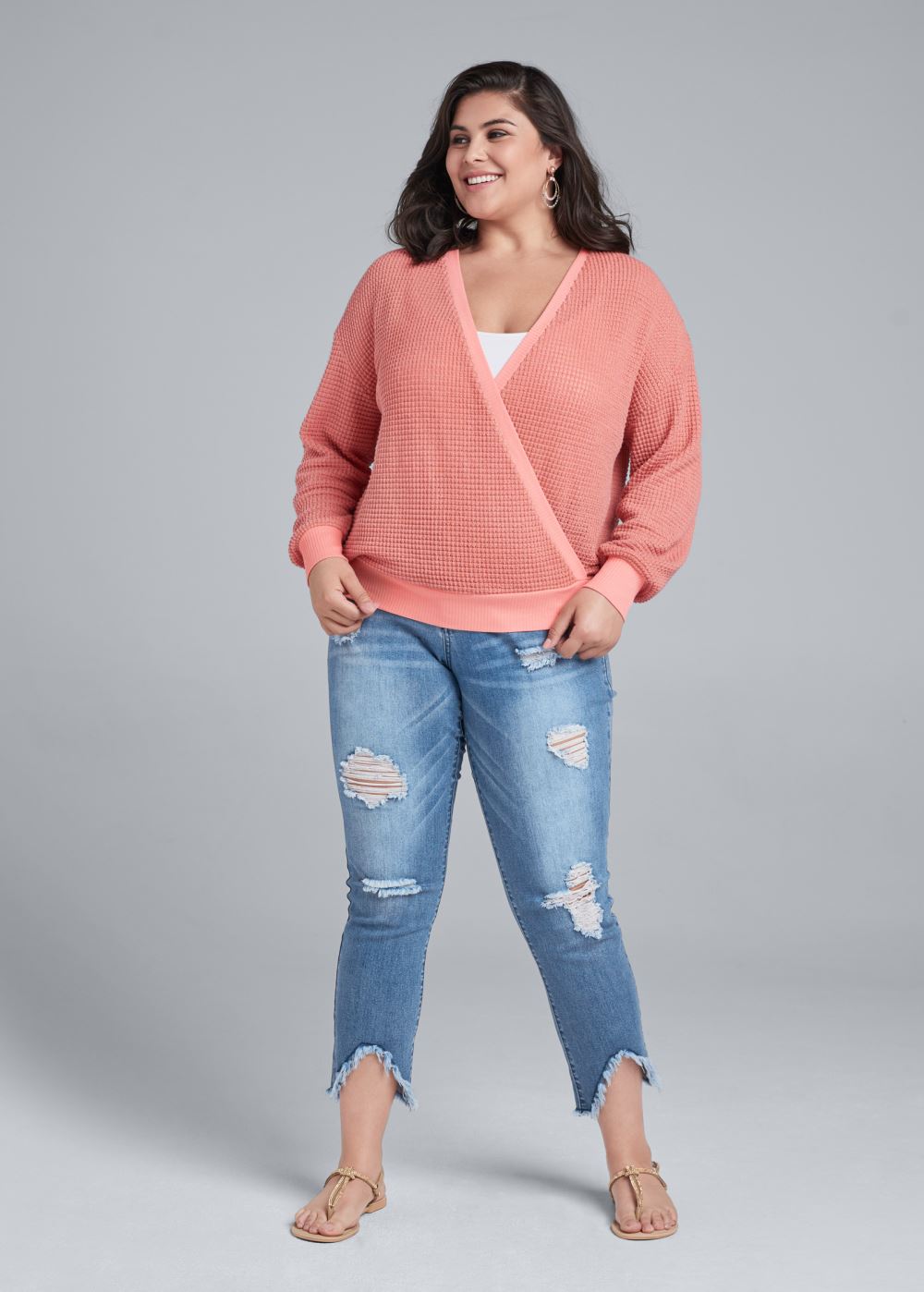 Venus Plus Size Waffle Knit Surplice Lounge Top in Coral