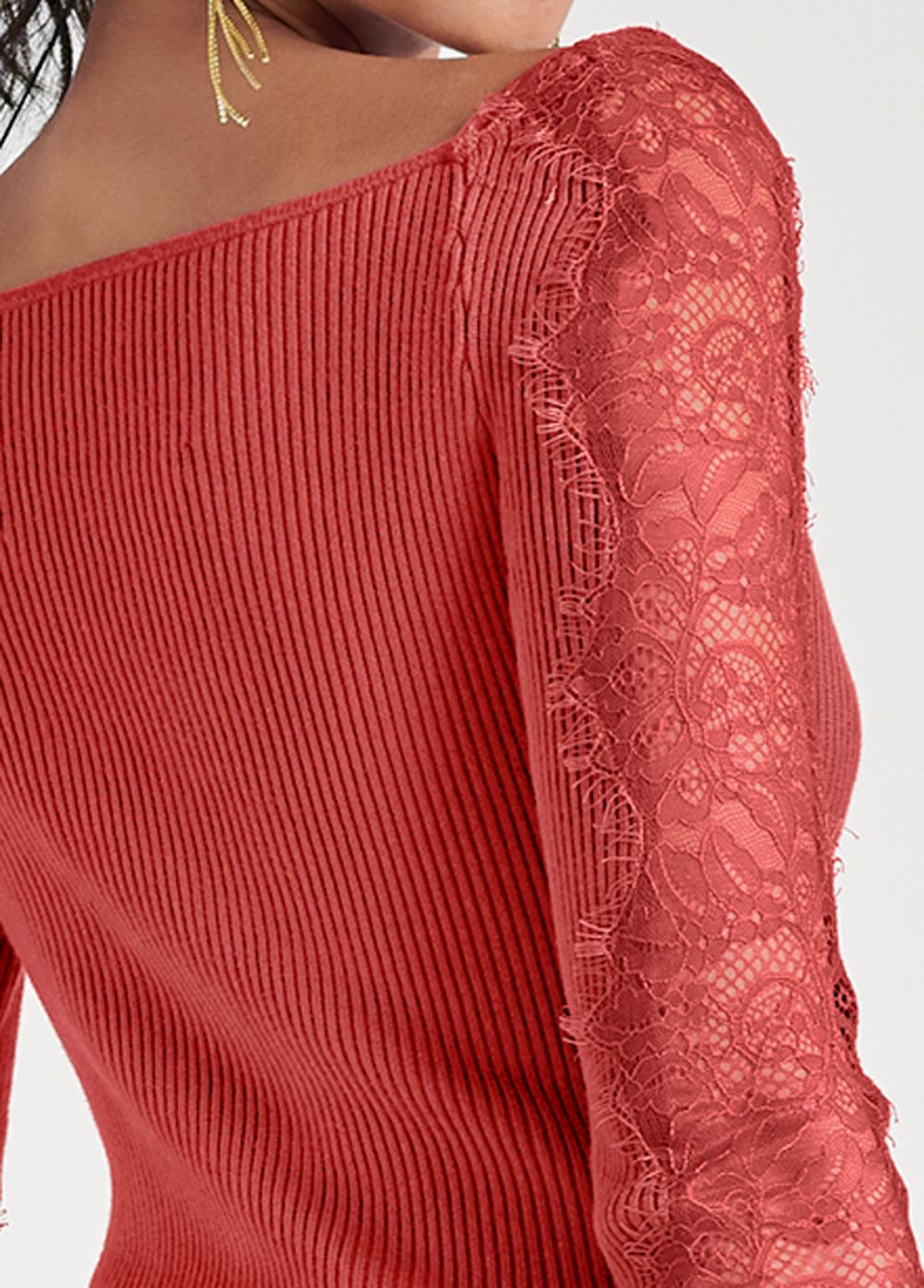 Venus Plus Size Lace Sleeve Ribbed Sweater in Red