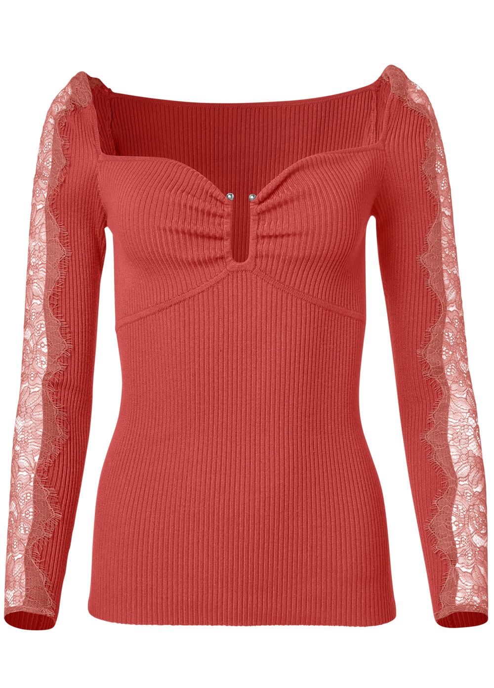 Venus Plus Size Lace Sleeve Ribbed Sweater in Red