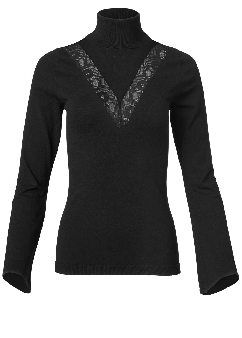 Venus Plus Size Lace Bell-Sleeve Turtleneck Sweater in Black