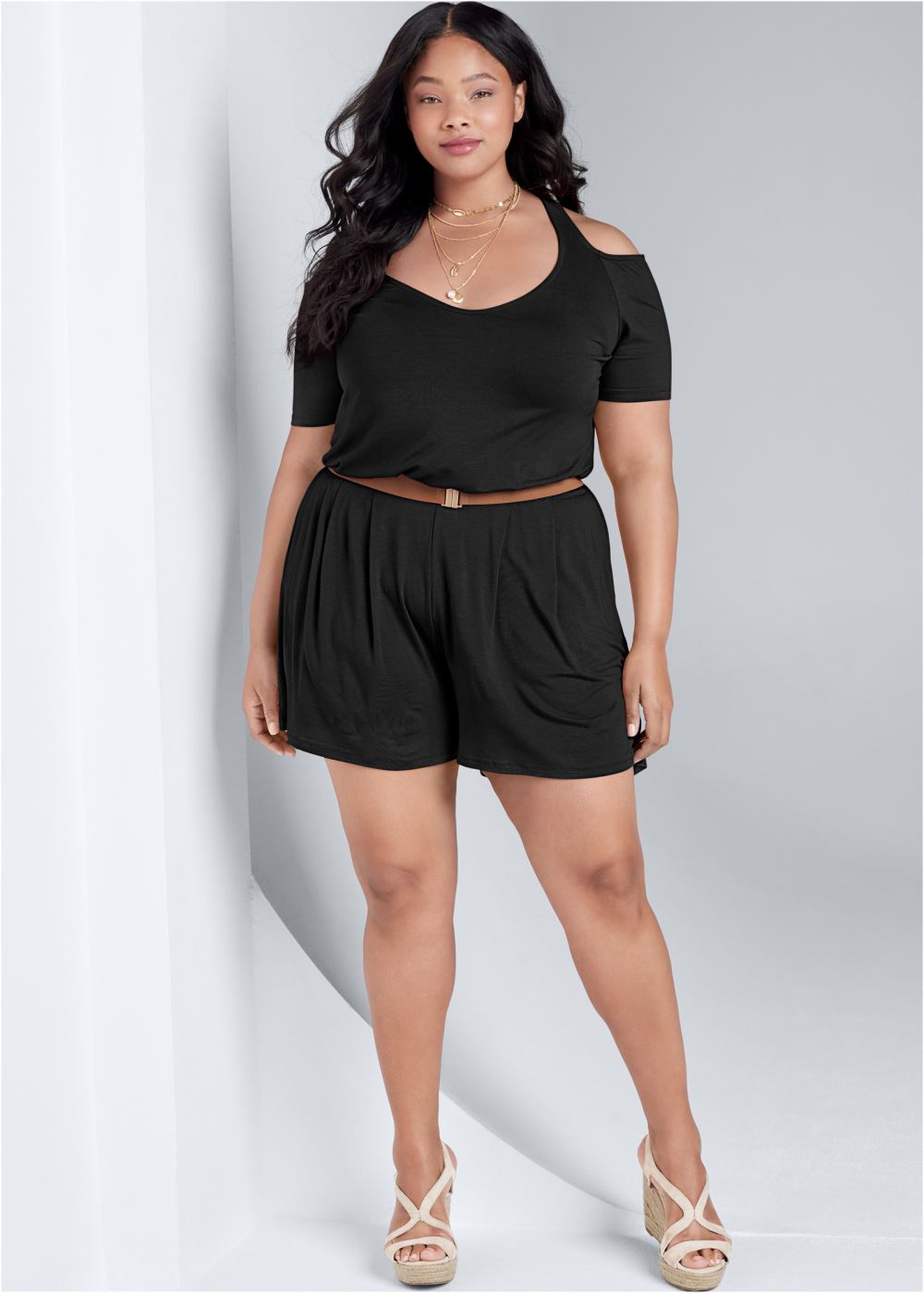 Venus Plus Size Cold-Shoulder Romper in Black