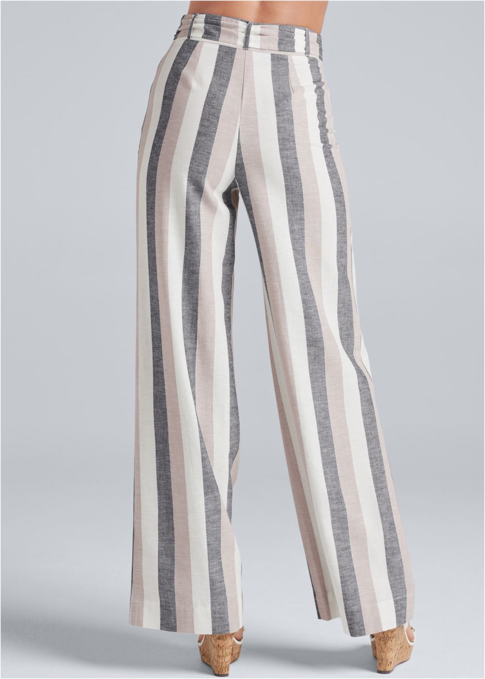 Venus Plus Size Striped Wide Leg Linen Pants With Self Belt in White Multi