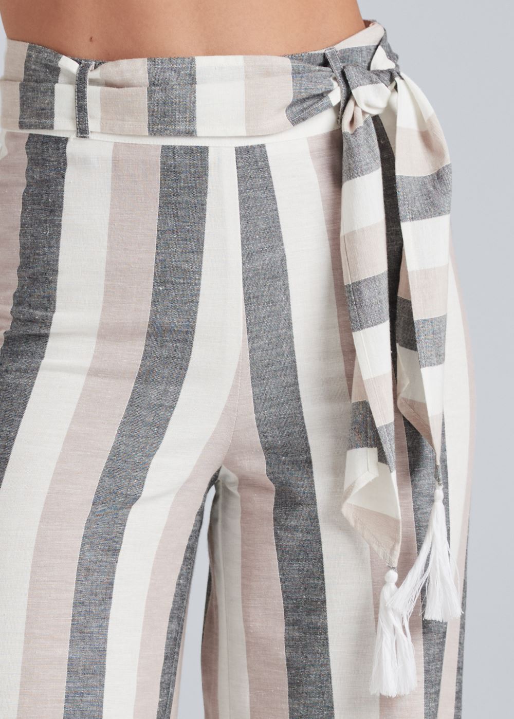 Venus Plus Size Striped Wide Leg Linen Pants With Self Belt in White Multi