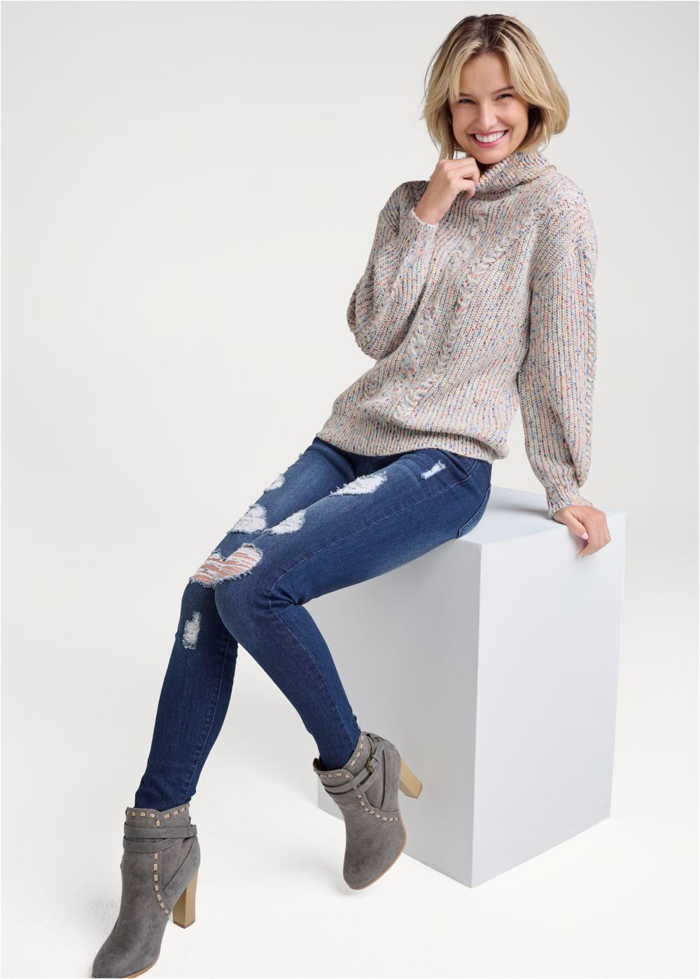 Venus White Multi POPCORN CABLE KNIT SWEATER