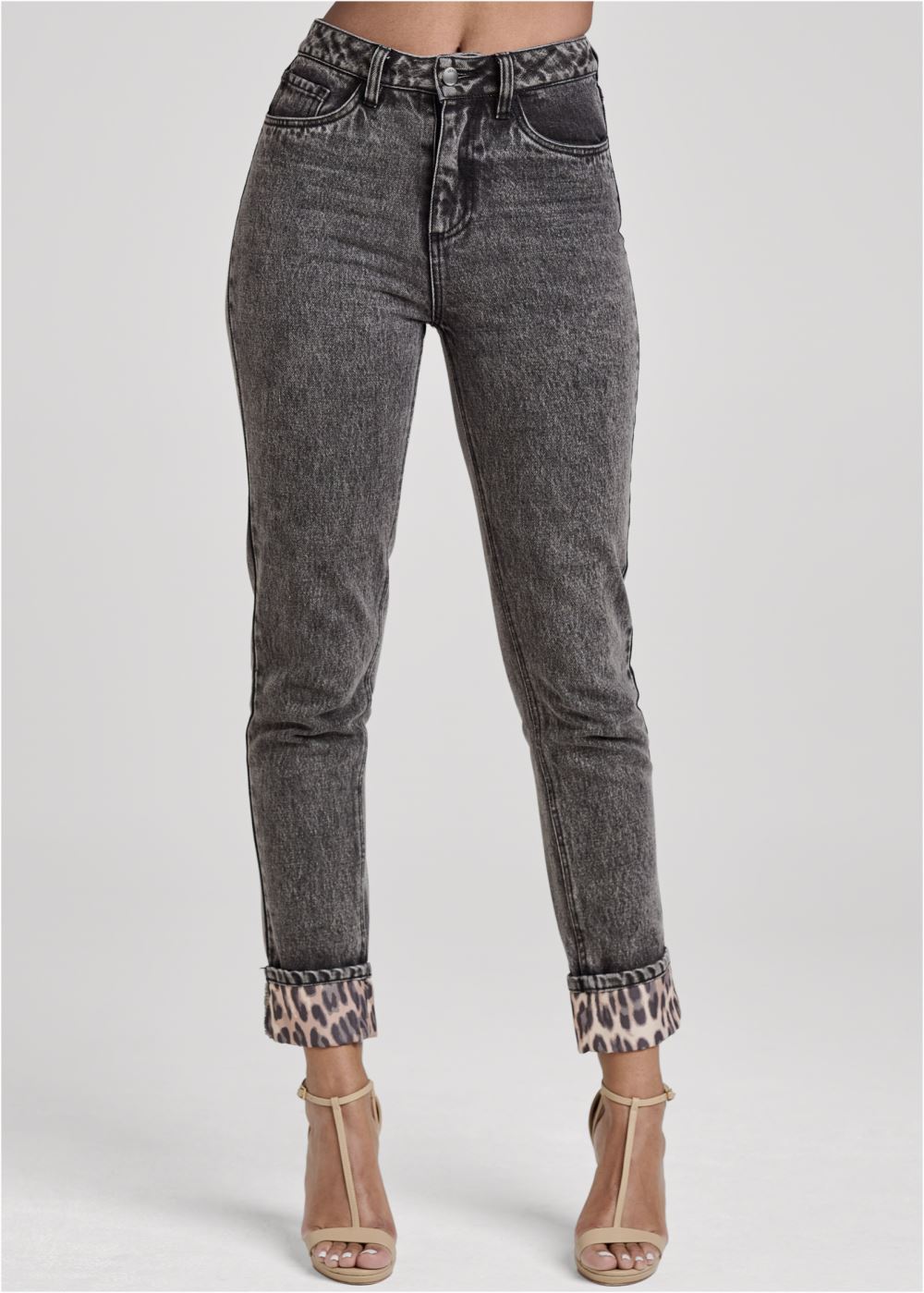 Venus Plus Size New Vintage Leopard Cuff Straight Leg Jeans in Black Acid Wash