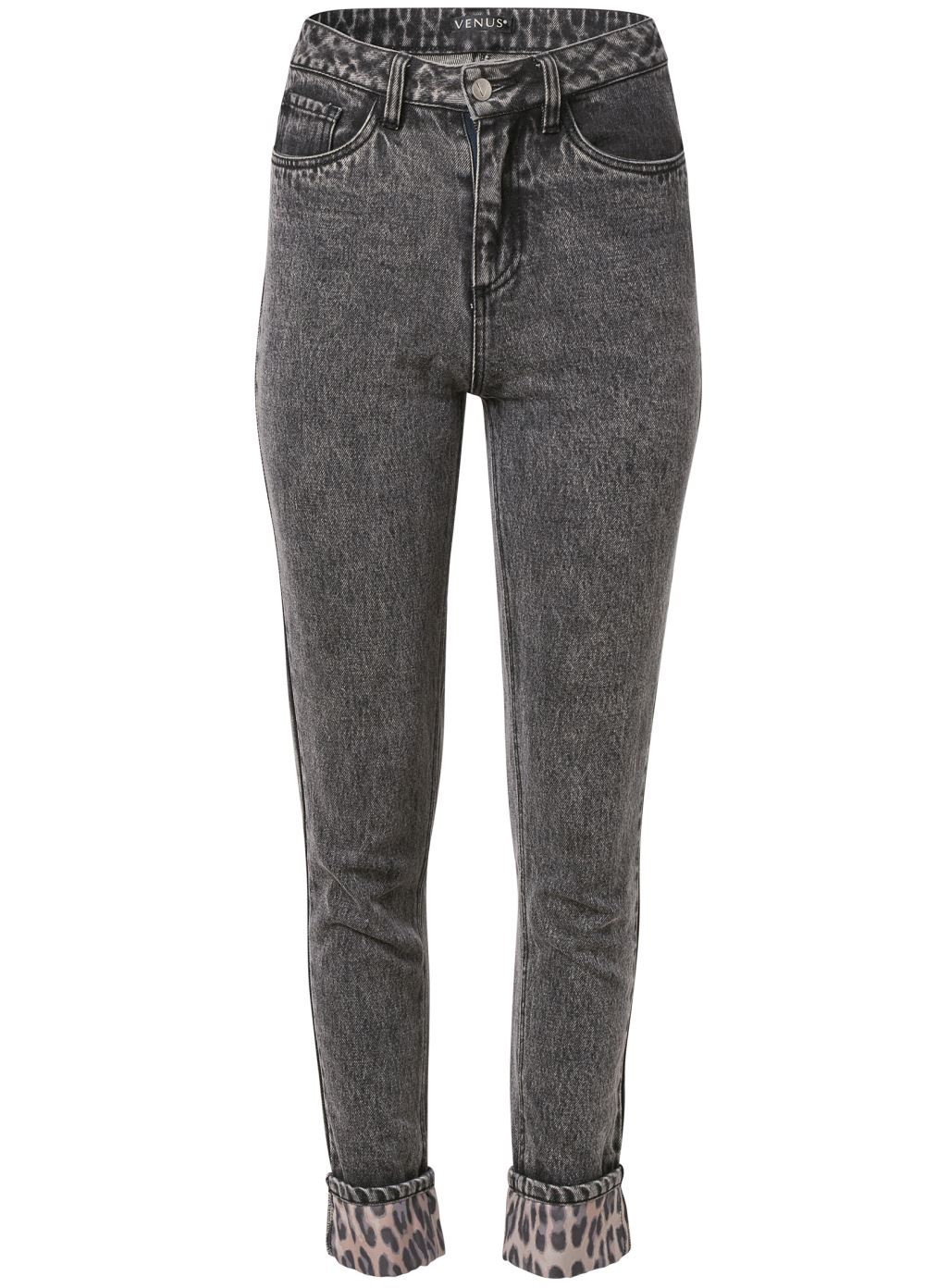 Venus Plus Size New Vintage Leopard Cuff Straight Leg Jeans in Black Acid Wash