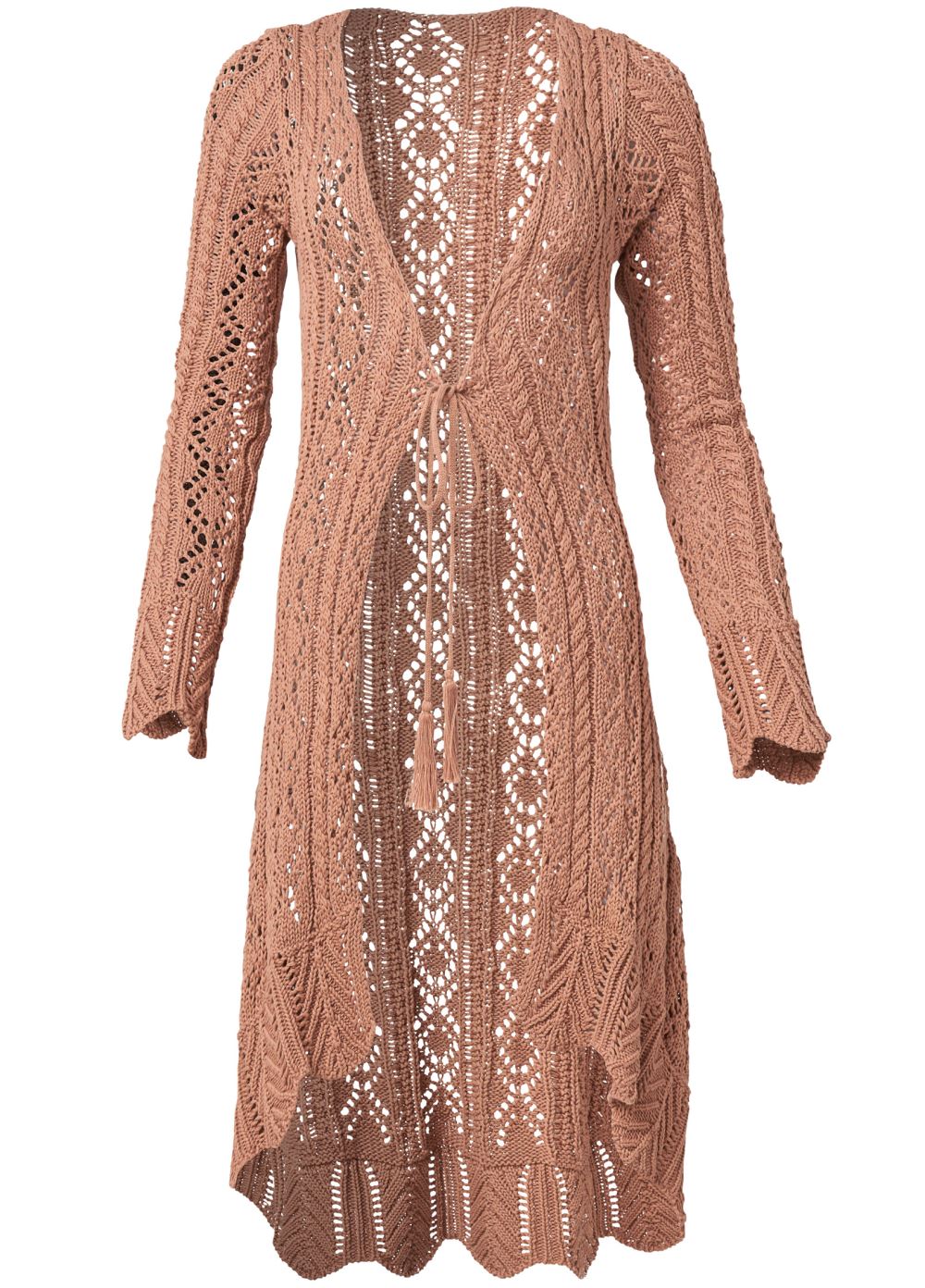 Venus Plus Size Long Crochet Cardigan in Brown