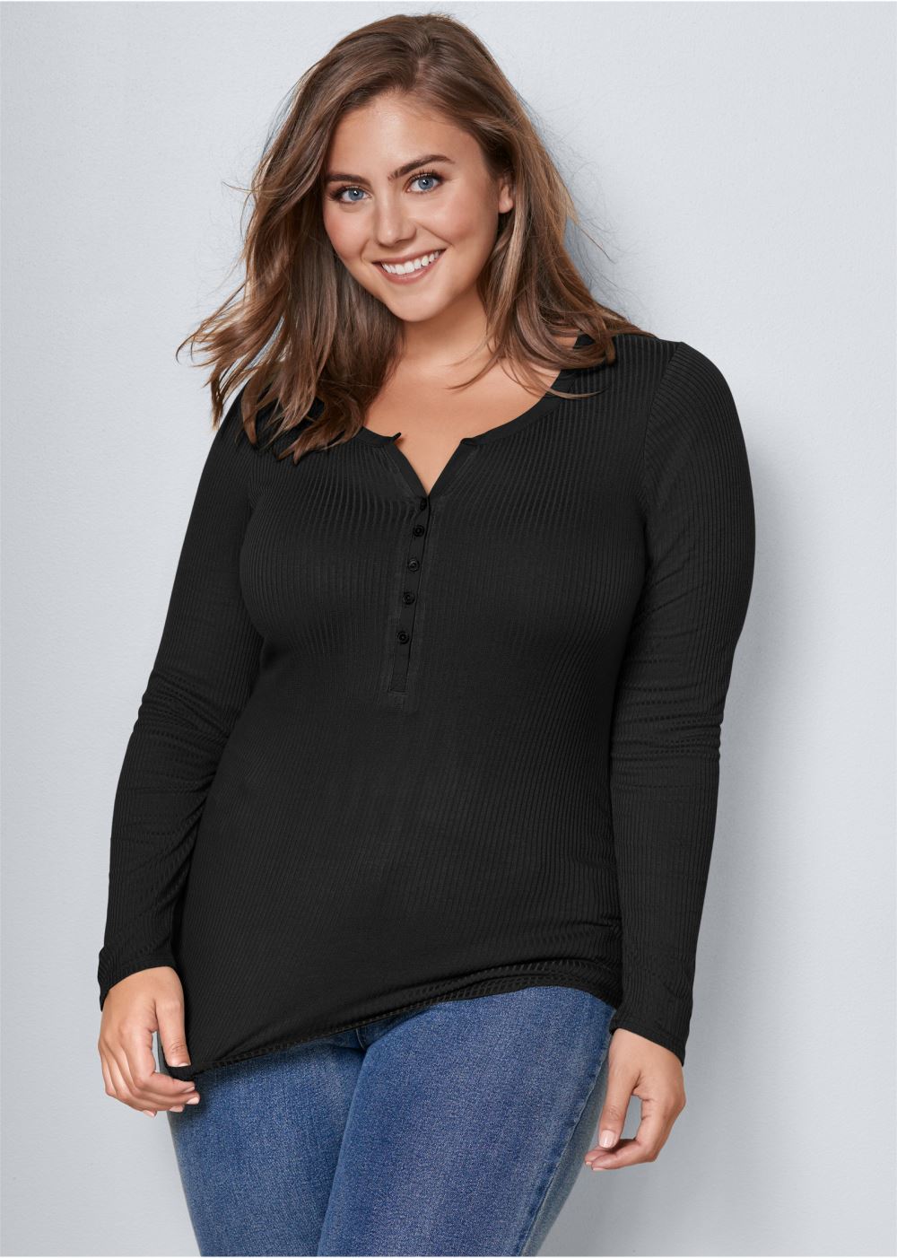 Venus Black RIBBED HENLEY TOP