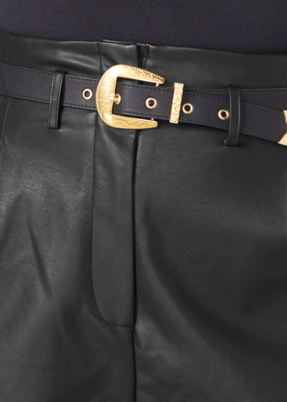 Venus Black Belted Faux-Leather Shorts