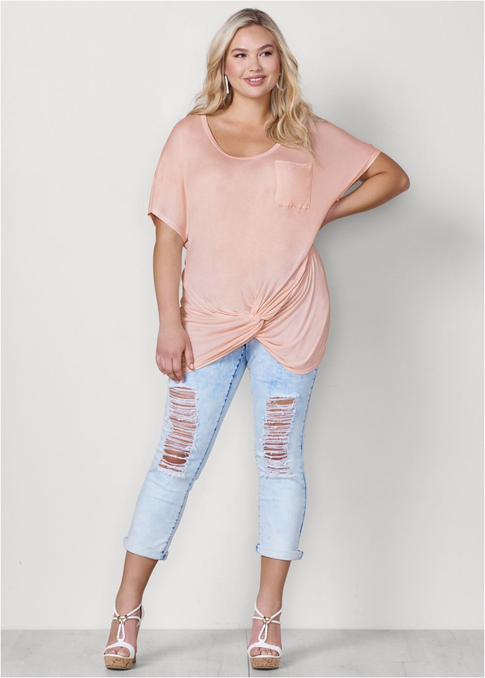 Venus Plus Size Twisted Knot Detail Tee in Light Pink