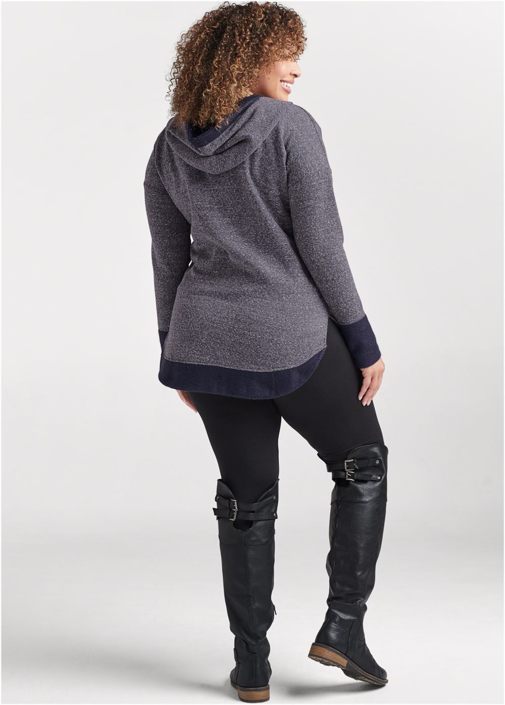 Venus Tunic Length Zip Up Hoodie Jacket in Navy