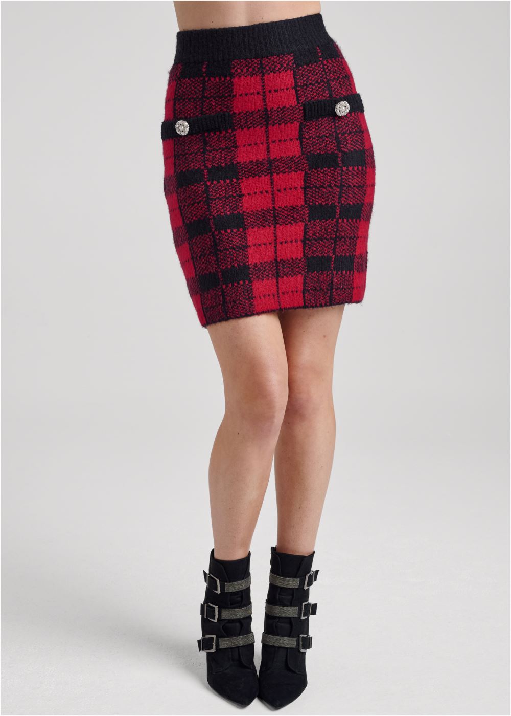 Venus Plus Size Plaid Sweater And Skirt Set - Black & Red