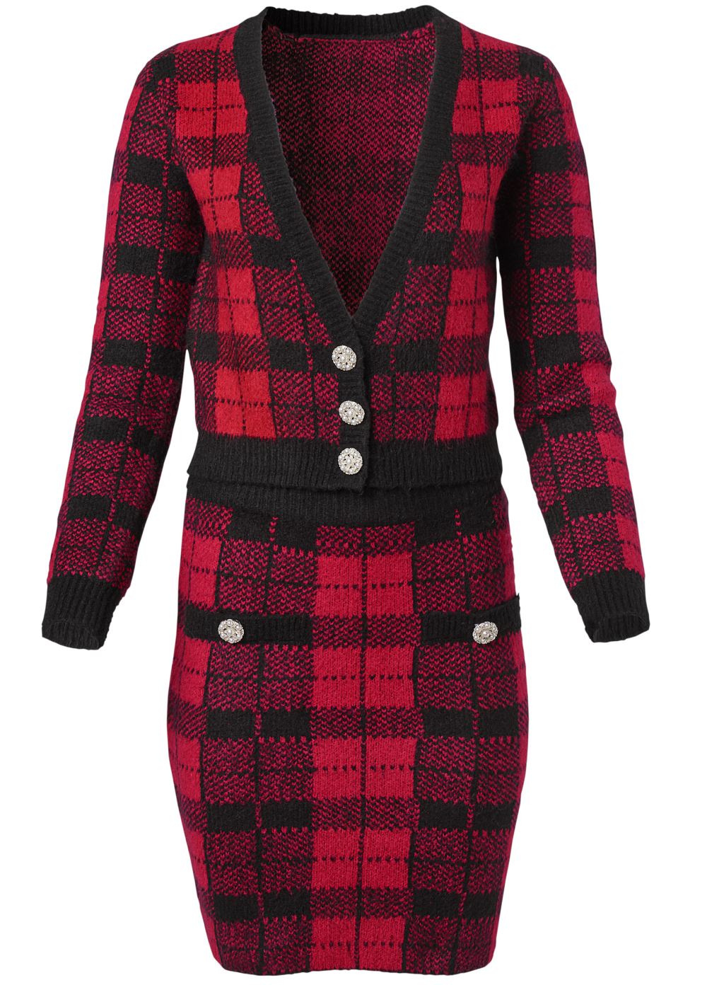 Venus Plus Size Plaid Sweater And Skirt Set - Black & Red