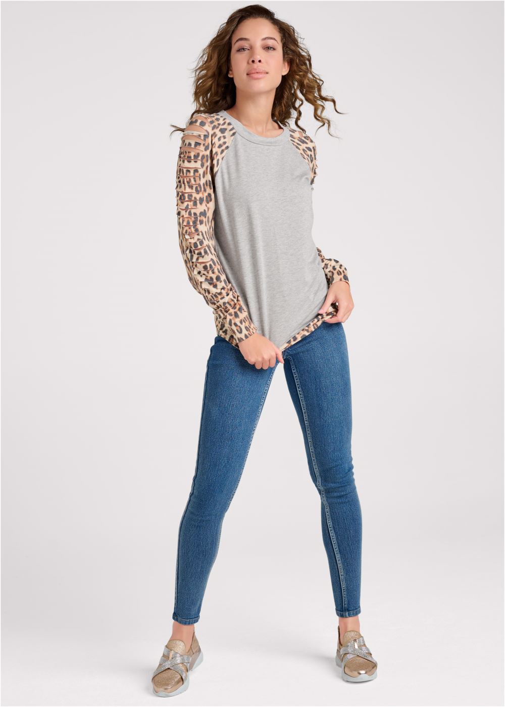 Venus Plus Size Cheetah Print Slash Sweatshirt in Grey Multi