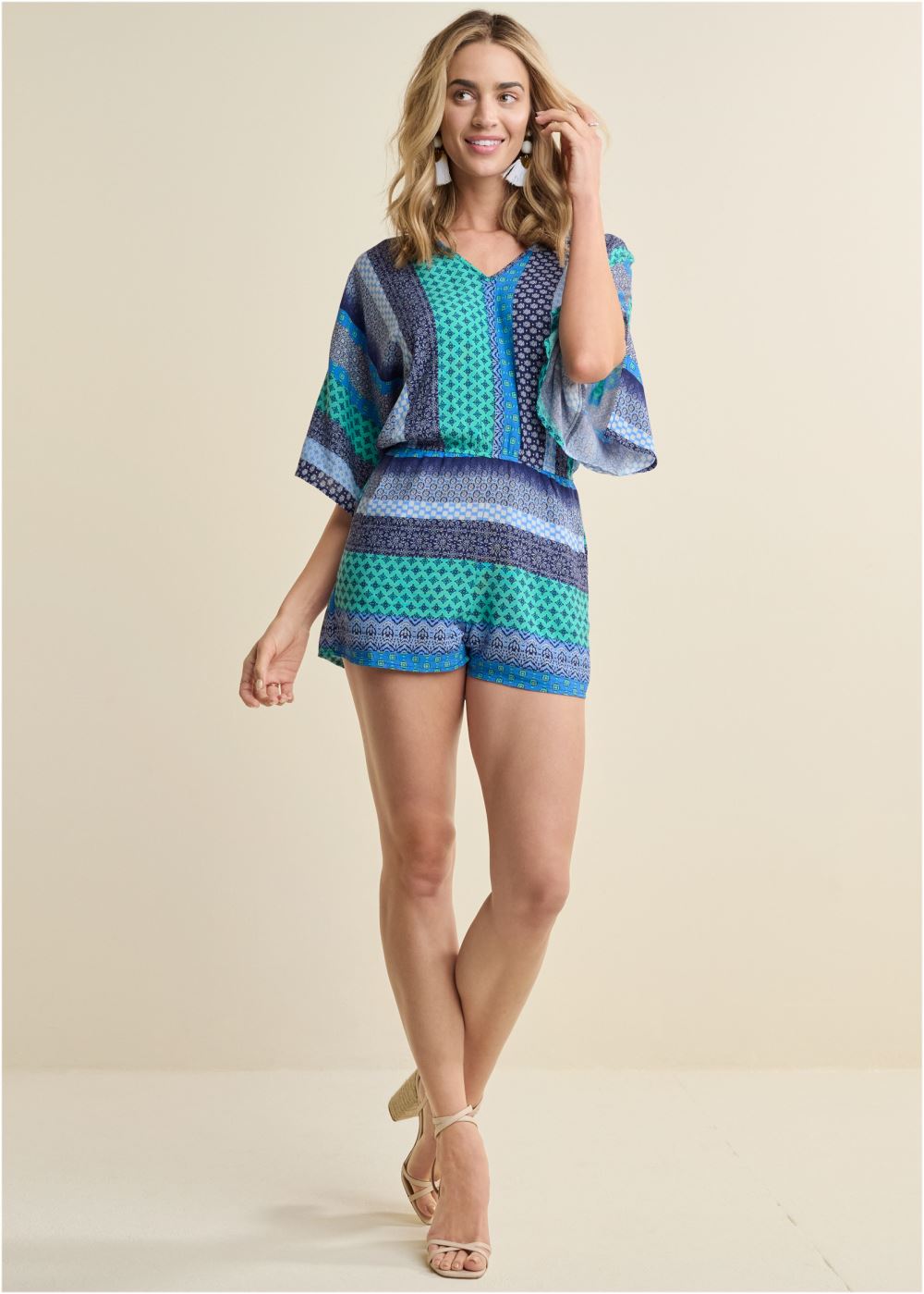 Venus Plus Size Mixed Print Romper in Green Multi