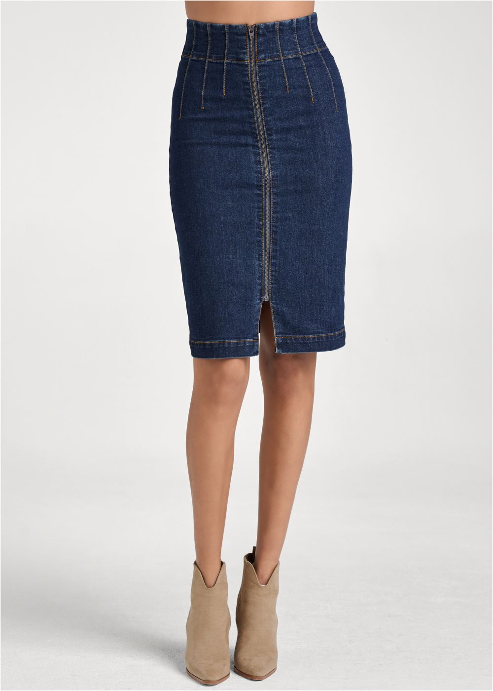 Venus Dark Wash PINTUCK FRONT ZIPPER SKIRT