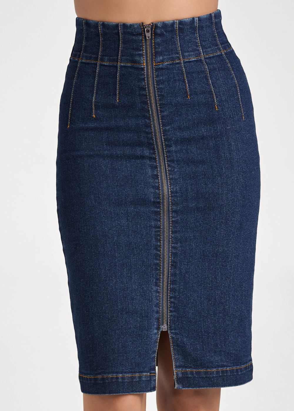 Venus Dark Wash PINTUCK FRONT ZIPPER SKIRT