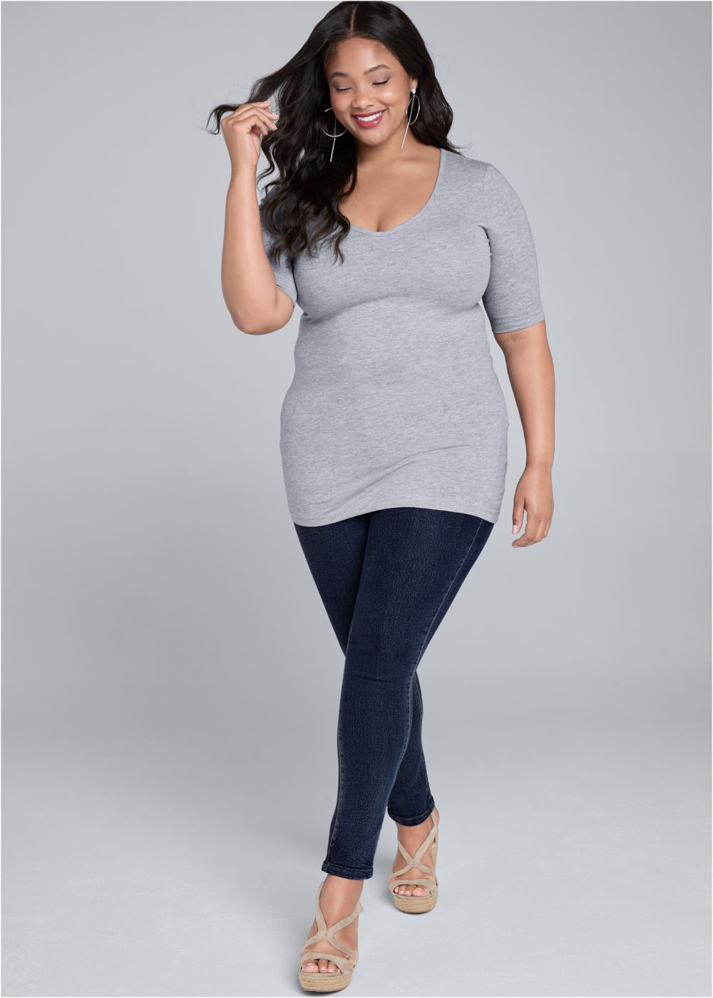 Venus Plus Size Long And Lean V-Neck Tee in Light Heather Grey