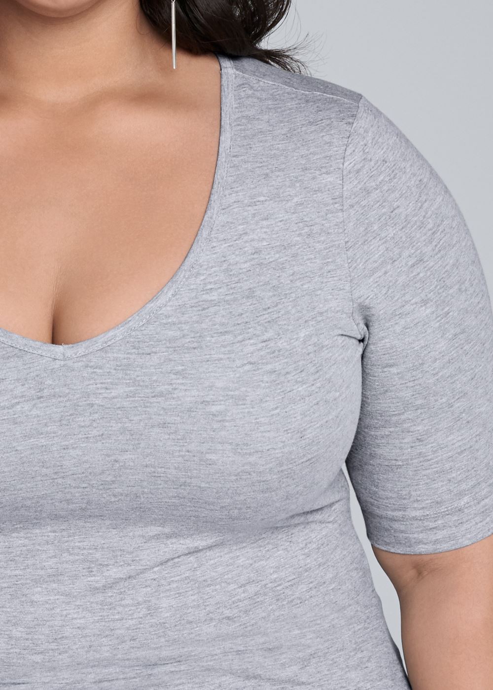 Venus Plus Size Long And Lean V-Neck Tee in Light Heather Grey