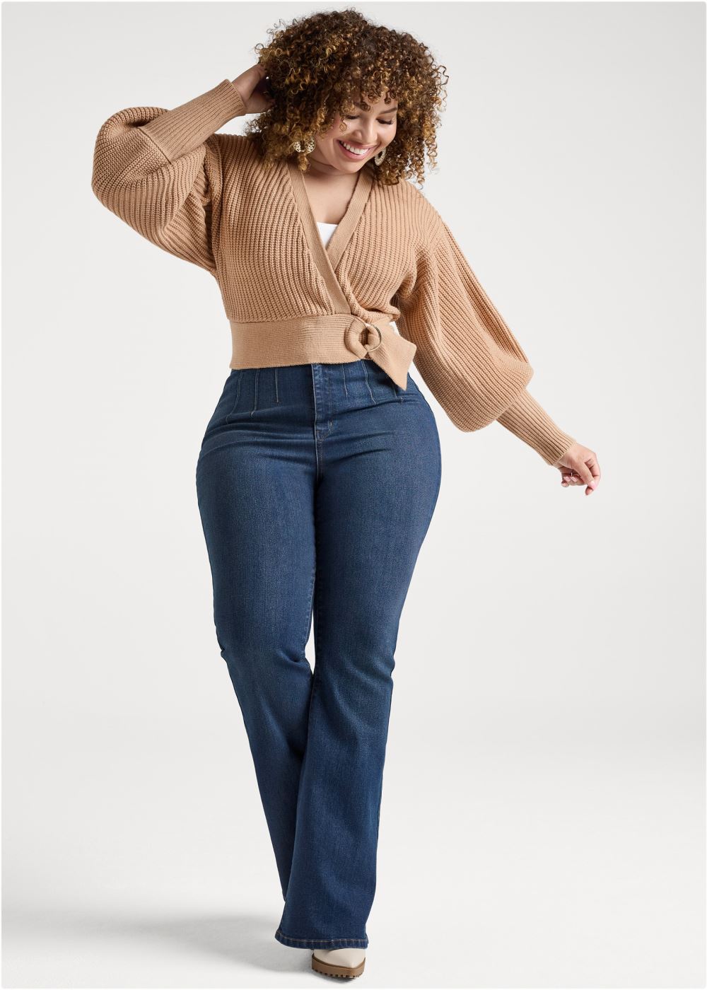Venus Plus Size Wrap Balloon Sleeve Sweater in Light Brown